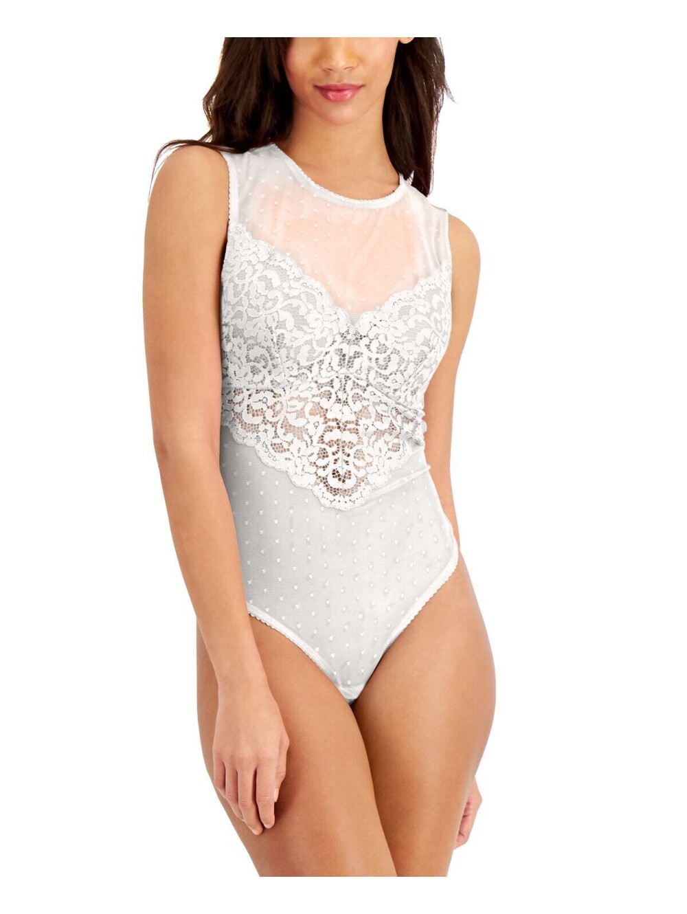 INC Womens Intimate Cupped Swiss Dot Thong Bodysuit Washed White Size S